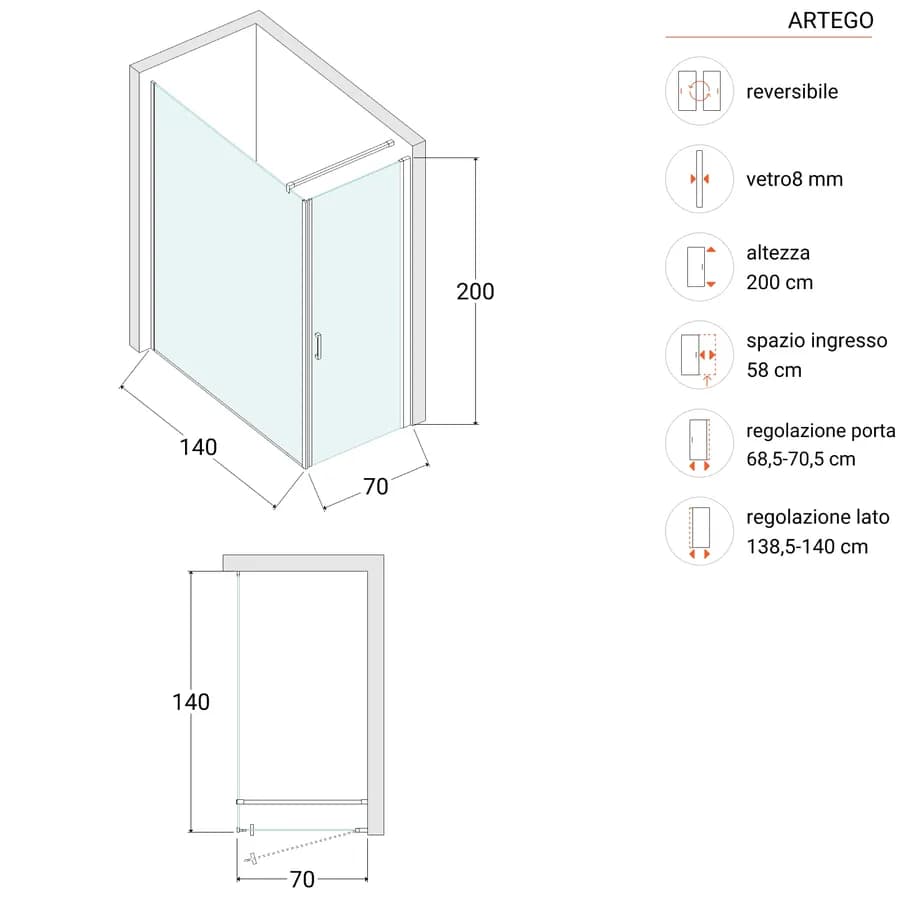 Box doccia 140X70 cm battente con vetro anticalcare trasparente e profilo cromo 200h - Artego