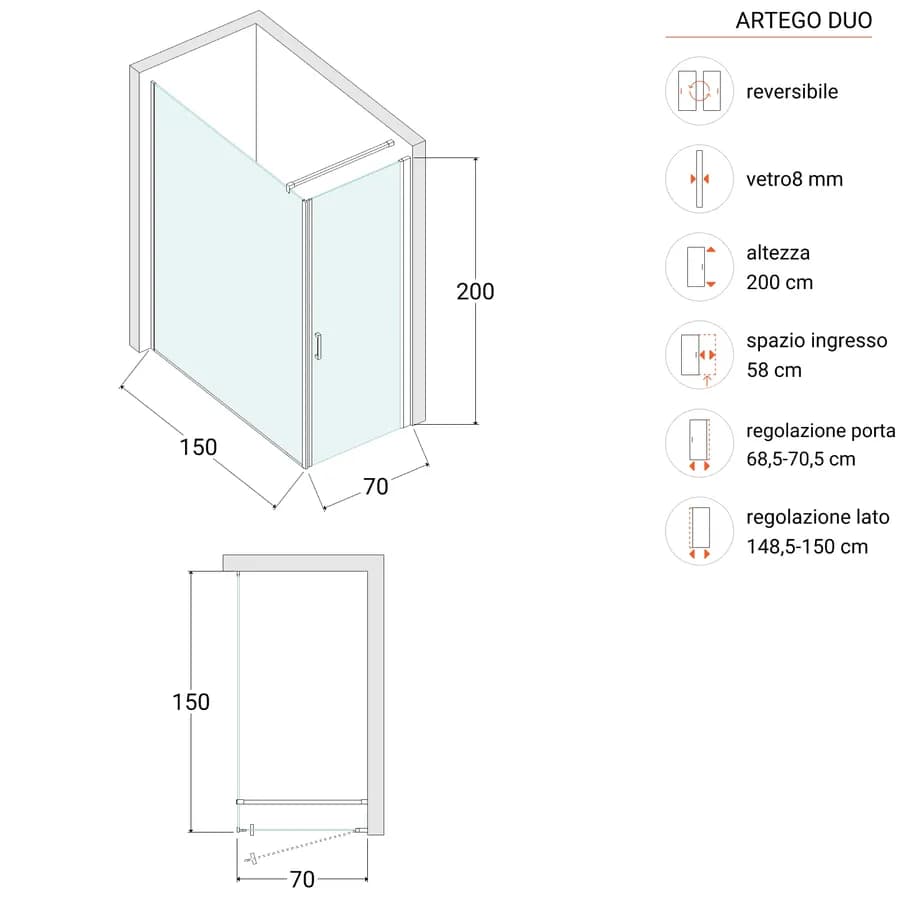 Box doccia 150X70 cm lato fisso specchiato con battente e profilo nero 200h - Artego Duo
