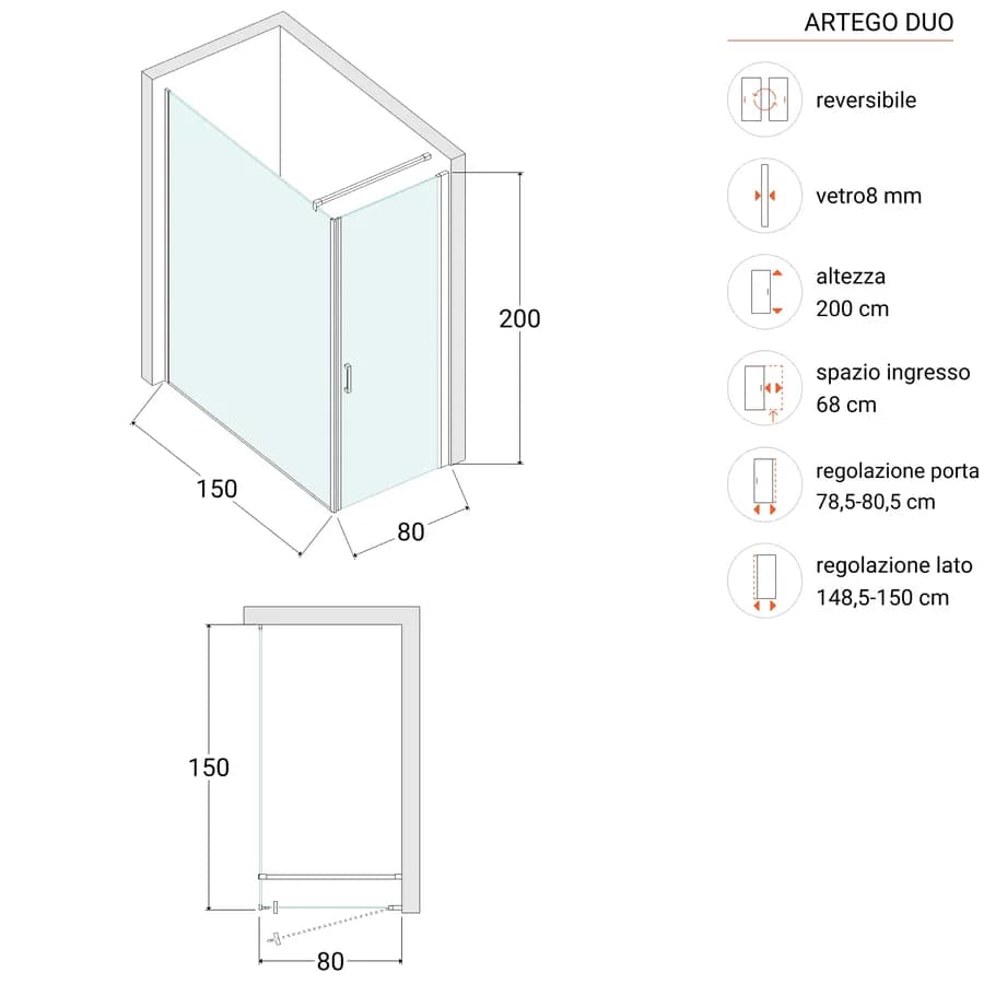 Box doccia 150X80 cm lato fisso specchiato con battente e profilo cromo 200h - Artego Duo