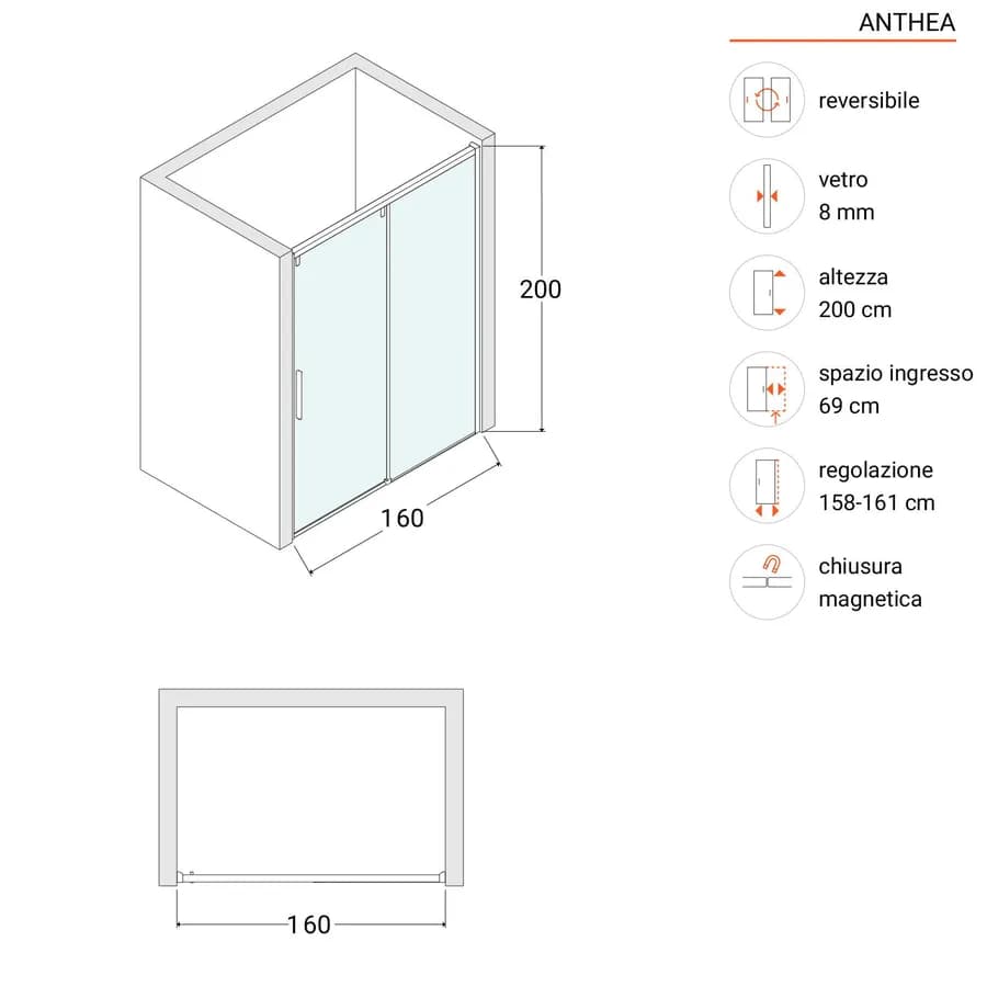 Nicchia 160 cm scorrevole SoftClose 8mm anticalcare 200h - Anthea