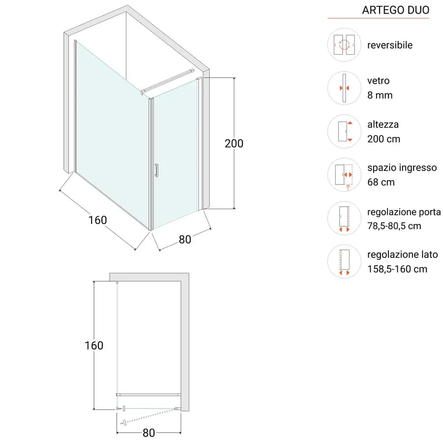 Box doccia 160X80 cm lato fisso specchiato con battente e profilo nero 200h - Artego Duo