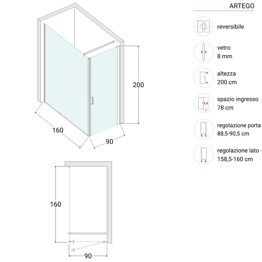 Box doccia 160X90 cm battente con vetro anticalcare trasparente e profilo cromo 200h - Artego
