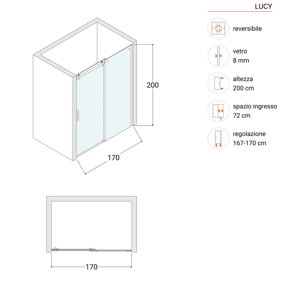 Box doccia nicchia 170 cm scorrevole vetro anticalcare trasparente e profilo cromo 200h - Lucy
