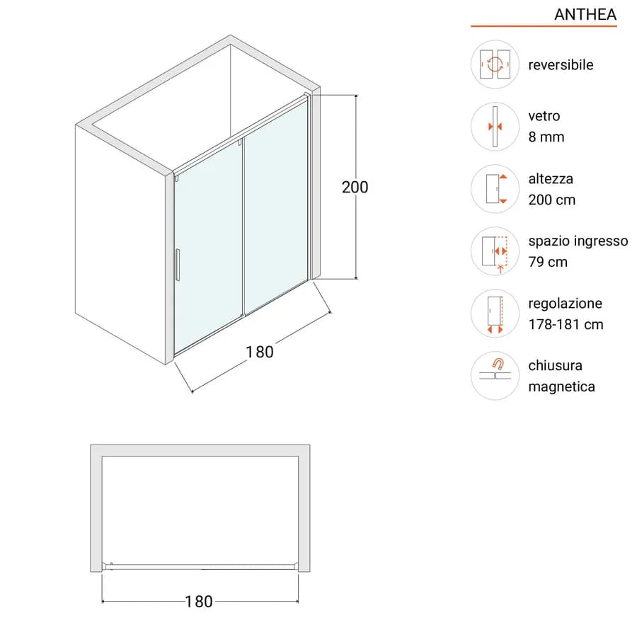 Nicchia 180 cm scorrevole SoftClose 8mm anticalcare 200h - Anthea