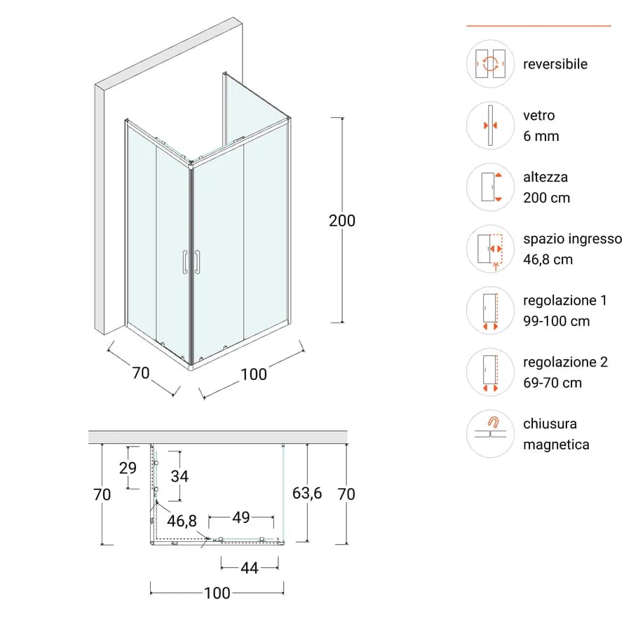Box doccia 3 lati 70x100x70 cm doppio scorrevole con vetro trasparente e profilo cromo 200h - Skin