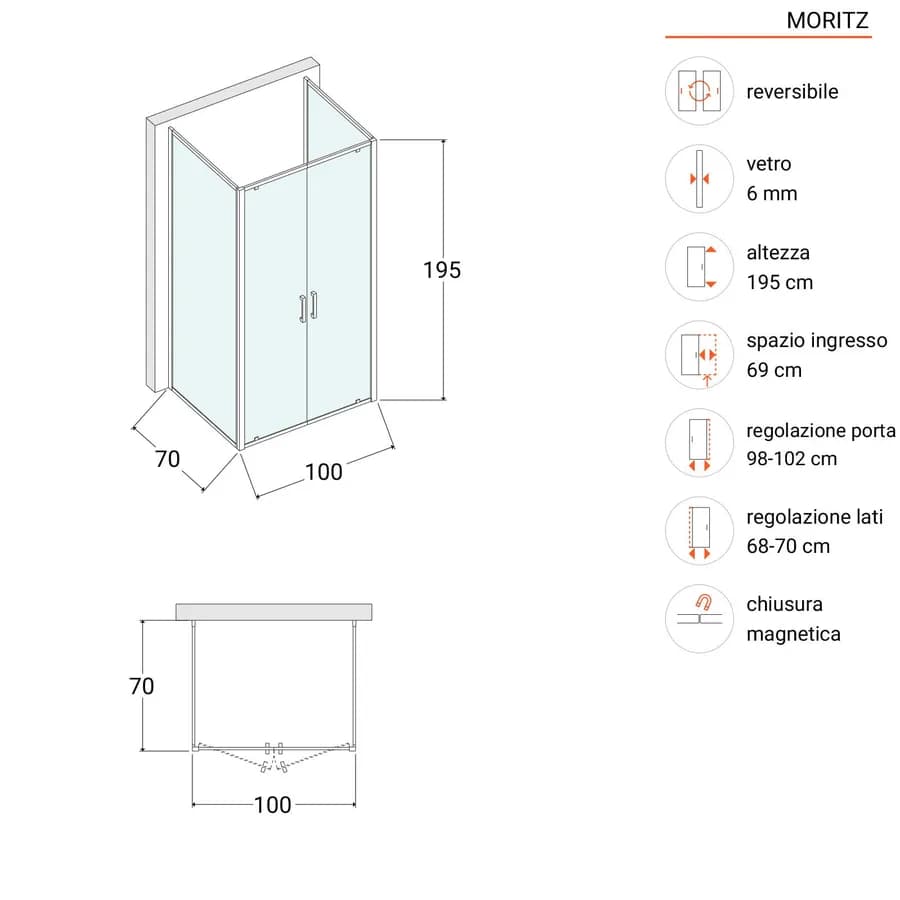 Box 3 lati 70x100x70 cm doppio battente vetro trasparente anticalcare profilo cromo 195h - Moritz