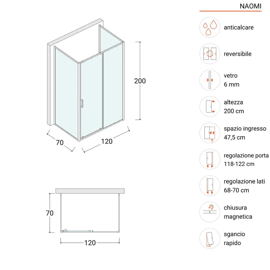 Box doccia 3 lati 70x120x70 cm scorrevole anticalcare profilo nero - Naomi