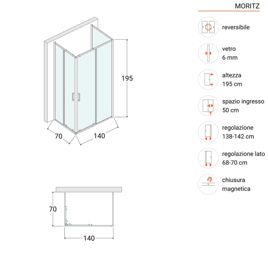 Box 3 lati 70x140x70 cm doppio scorrevole vetro trasparente anticalcare profilo cromo 195h - Moritz