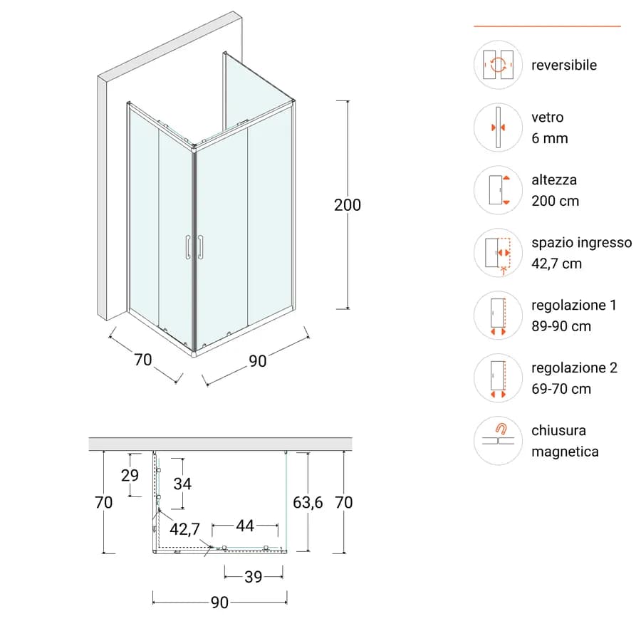 Box doccia 3 lati 70x90x70 cm doppio scorrevole con vetro trasparente e profilo cromo 200h - Skin
