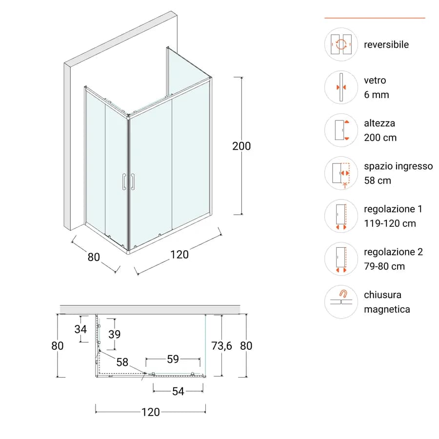 Box doccia 3 lati 80x120x80 cm doppio scorrevole con vetro trasparente e profilo cromo 200h - Skin