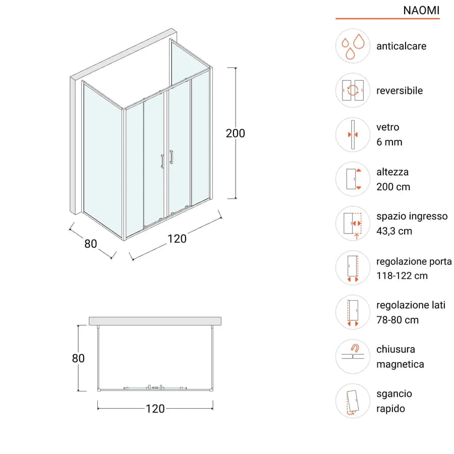 Box doccia 3 lati 80x120x80 cm scorrevole 4 ante anticalcare telaio nero - Naomi