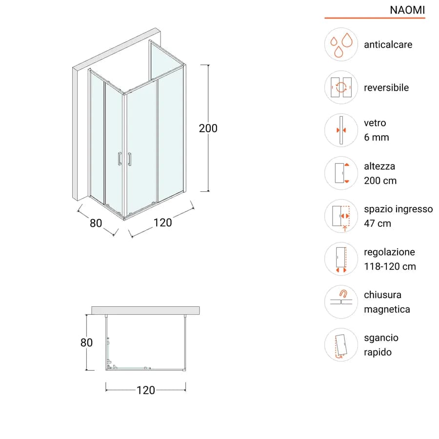 Box doccia 3 lati 80x120x80 cm telaio nero doppio scorrevole anticalcare 200h cm - Naomi