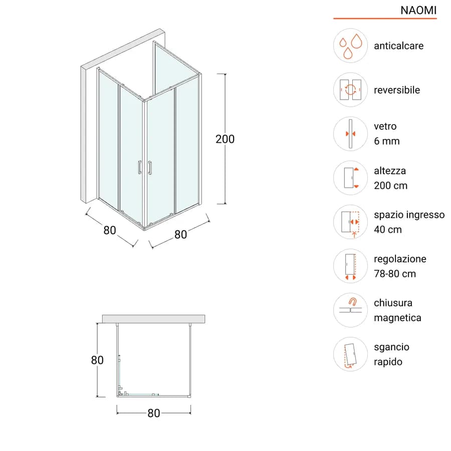 Box doccia 3 lati 80x80x80 cm telaio nero doppio scorrevole anticalcare - Naomi