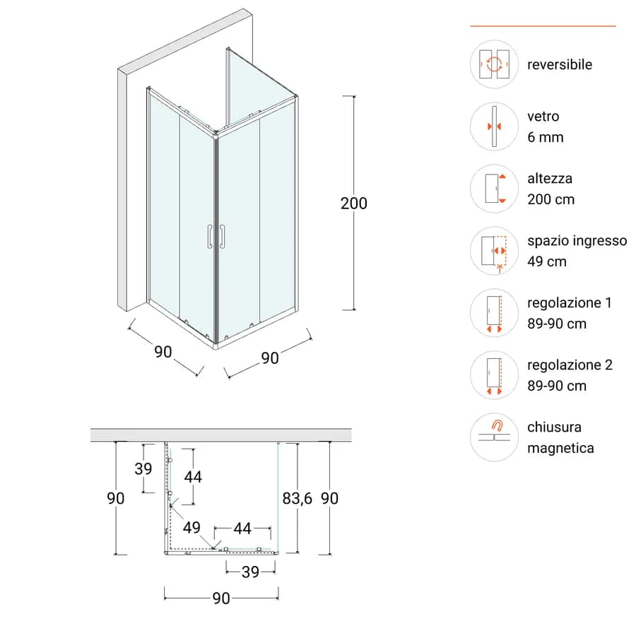 Box doccia 3 lati 90x90x90 cm doppio scorrevole con vetro trasparente e profilo cromo 200h - Skin