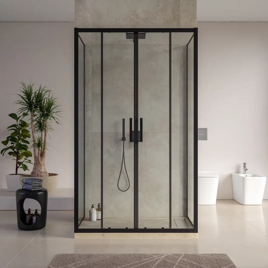 Box doccia 3 lati nero opaco 70x120x70 con porta a 4 ante scorrevole anticalcare - Naomi