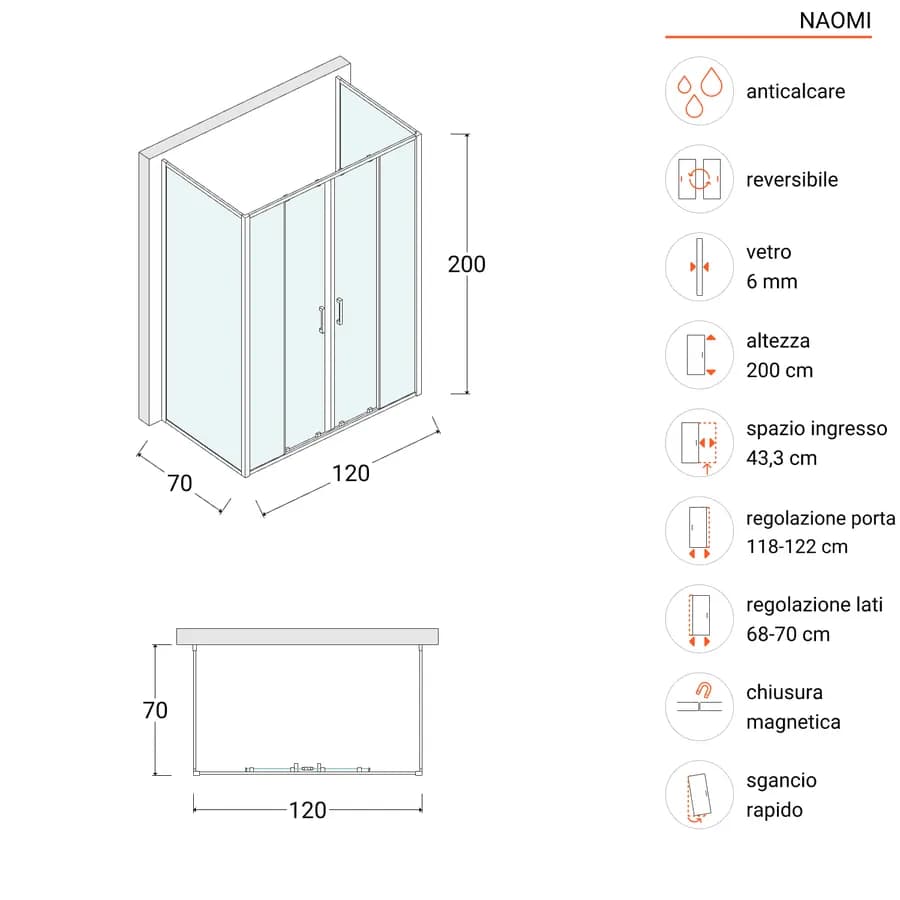 Box doccia 3 lati nero opaco 70x120x70 con porta a 4 ante scorrevole anticalcare - Naomi