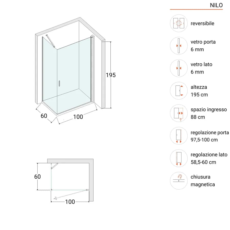 Box doccia 60x100 cm battente in vetro temperato trasparente con profilo nero 195h - Nilo