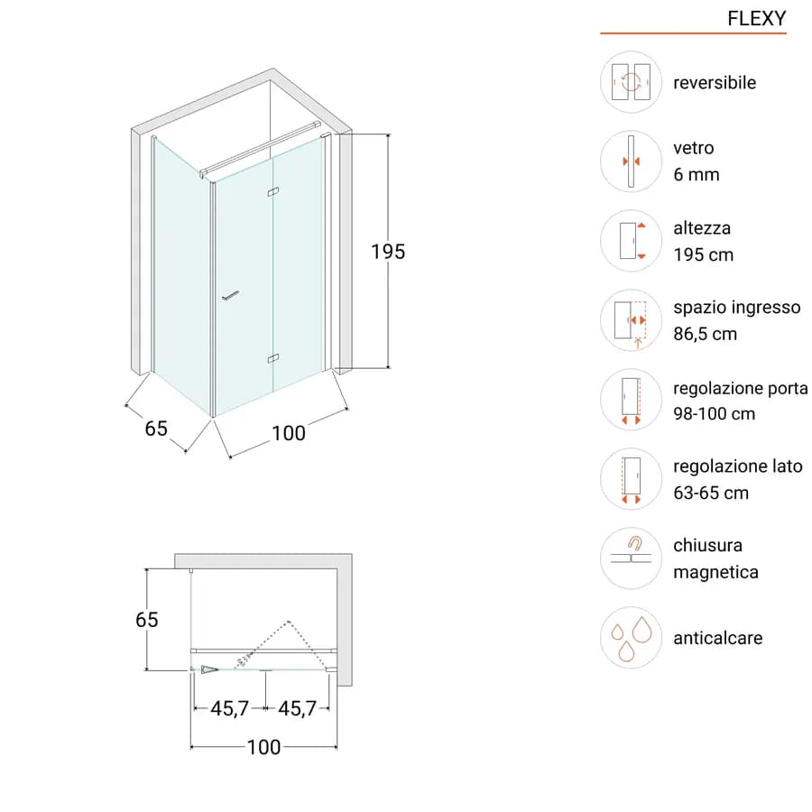 Box doccia 65x100 cm a soffietto vetro anticalcare trasparente e profilo nero opaco 195h - Flexy