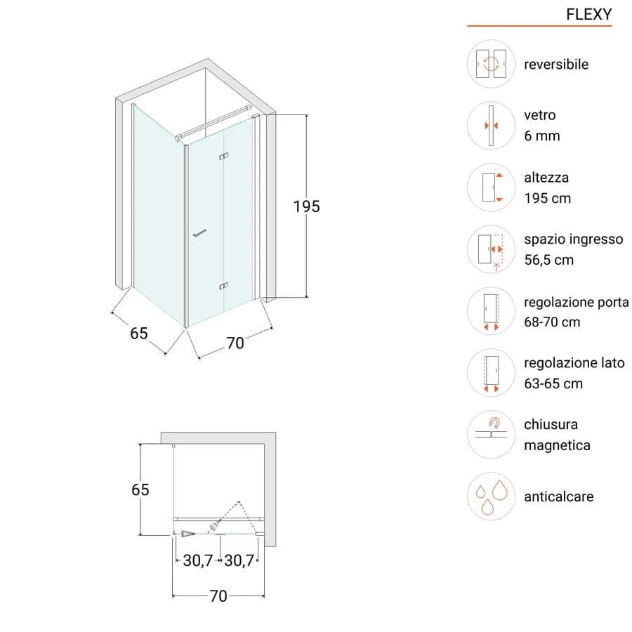 Box doccia 65x70 cm a soffietto vetro anticalcare trasparente profilo cromo 195h - Flexy