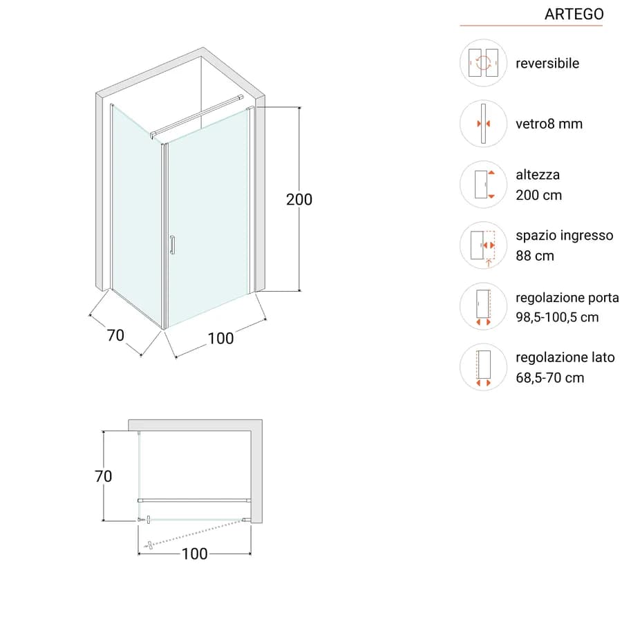 Box doccia 70X100 cm battente con vetro anticalcare trasparente e profilo cromo 200h - Artego