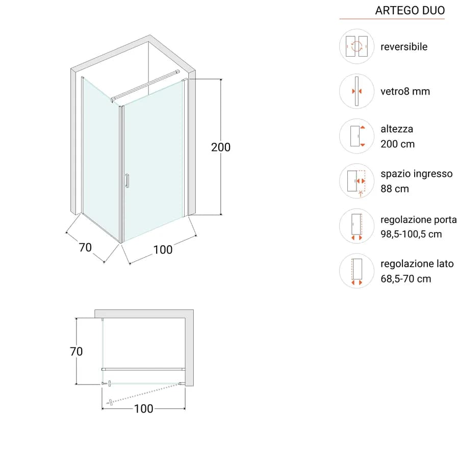 Box doccia 70X100 cm lato fisso specchiato con battente e profilo cromo 200h - Artego Duo