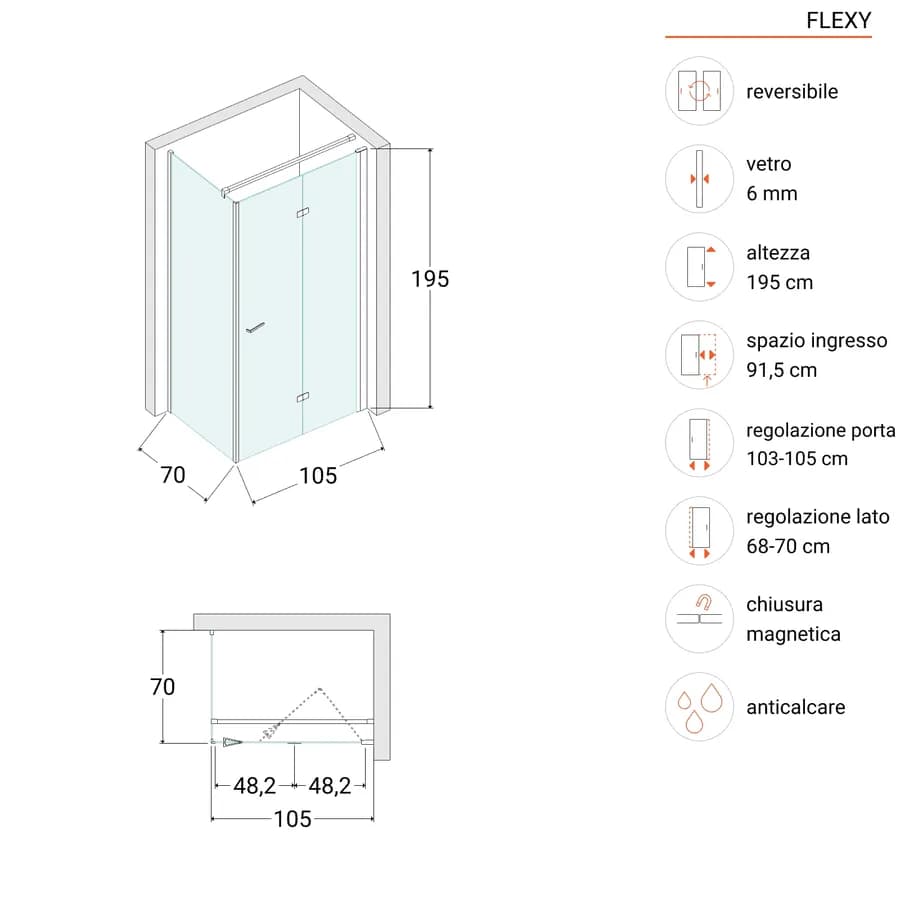 Box doccia 70x105 cm a soffietto vetro anticalcare trasparente e profilo nero opaco 195h - Flexy