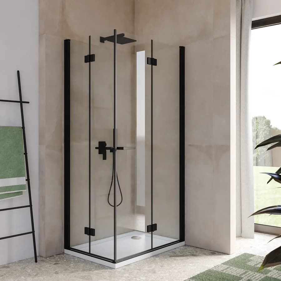 Box doccia 70x105 cm doppio soffietto vetro anticalcare trasparente e profilo nero opaco 195h - Flexy