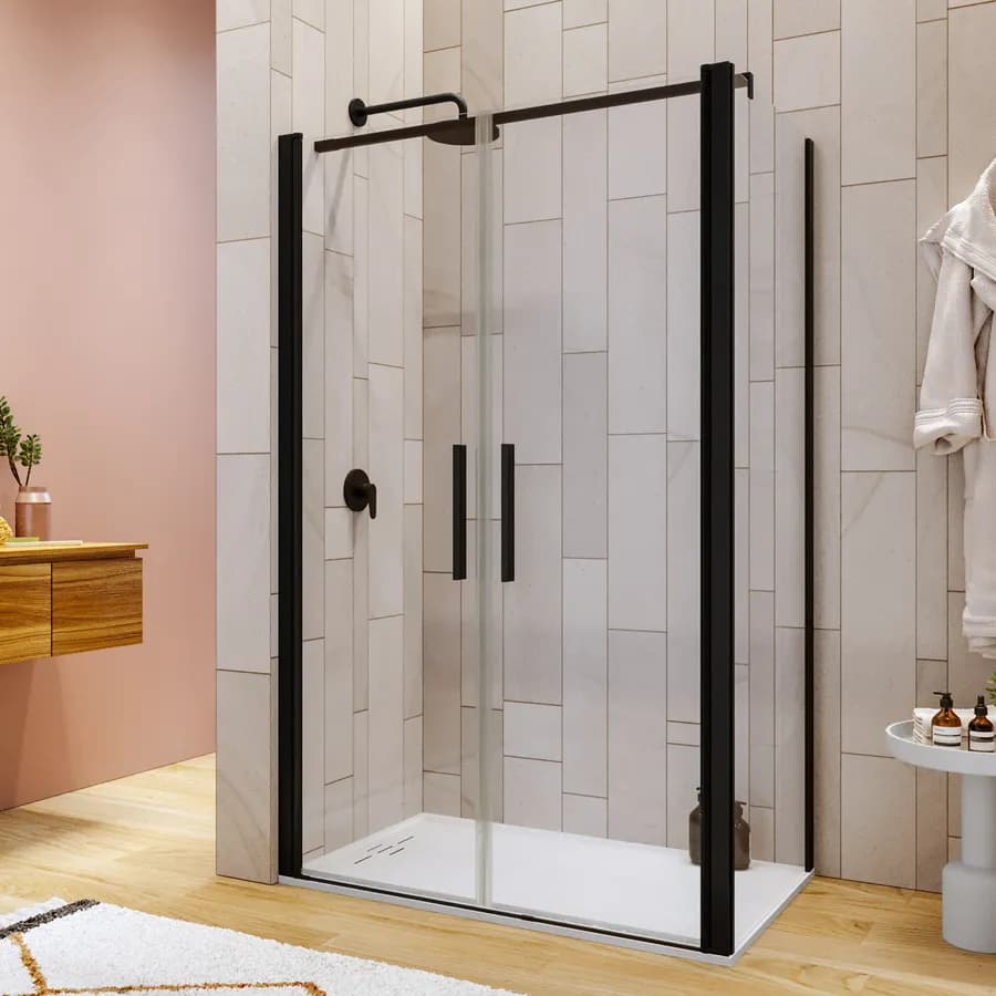 Box doccia 70x120 apertura saloon con vetro anticalcare trasparente e profilo nero 195h - Lost