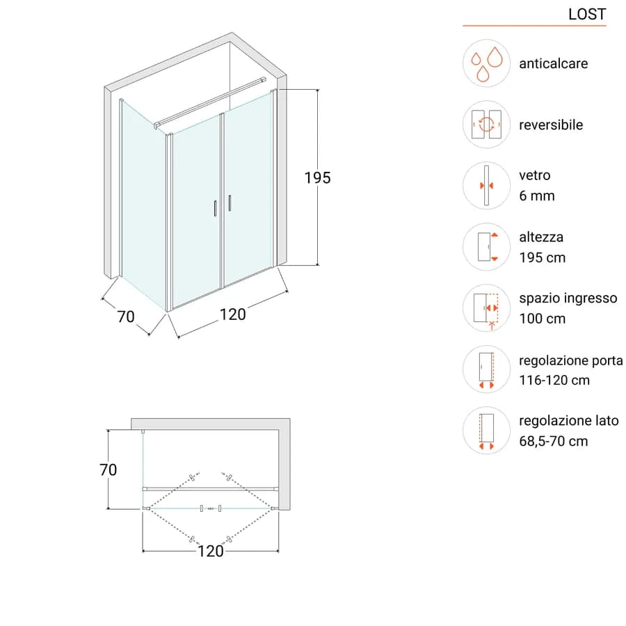 Box doccia 70x120 apertura saloon con vetro anticalcare trasparente e profilo nero 195h - Lost