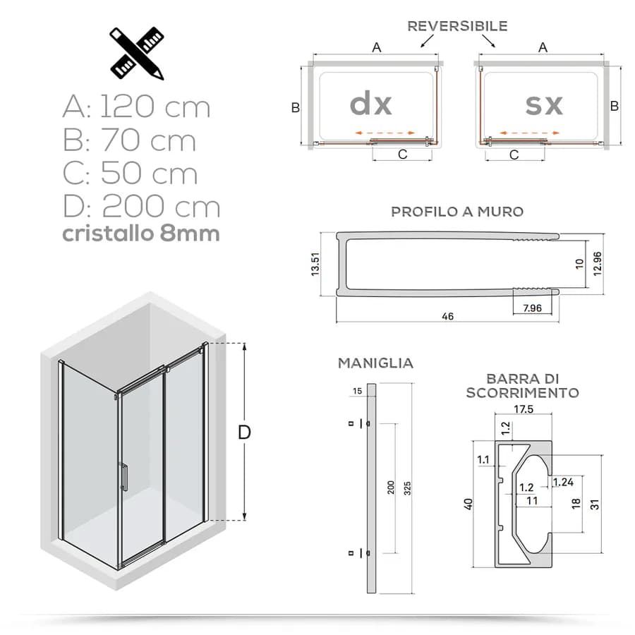 Box doccia 70x120 cm scorrevole in cristallo trasparente e profilo cromo 200h - Helios