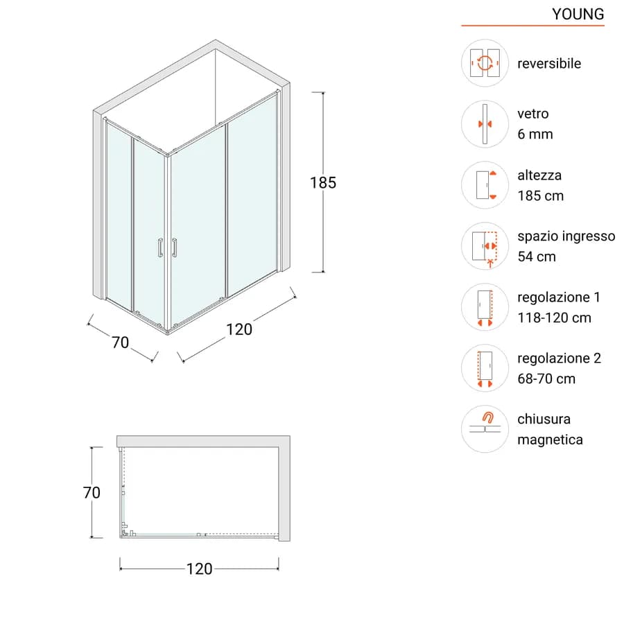 Box doccia 70x120 cm doppio scorrevole vetro temperato 6mm trasparente 185h - Young