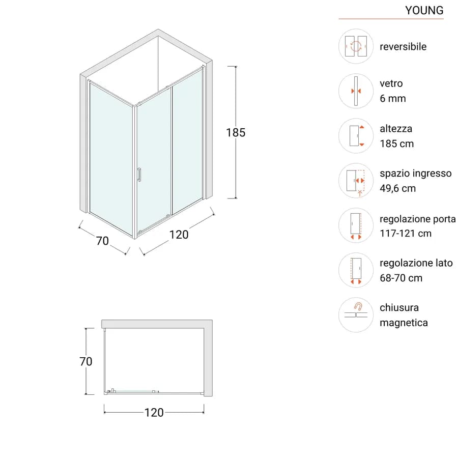 Box doccia 70x120 cm scorrevole vetro temperato 6mm stampato 185h - Young