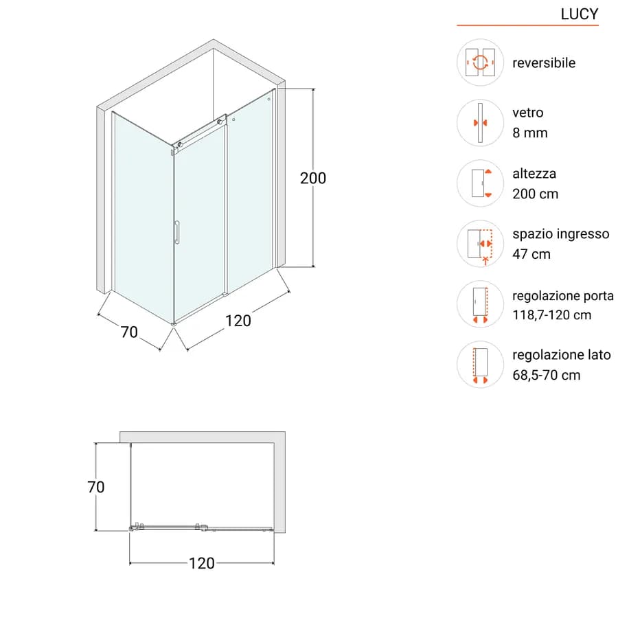 Box doccia 70x120 cm scorrevole in vetro anticalcare trasparente e profilo cromo 200h - Lucy