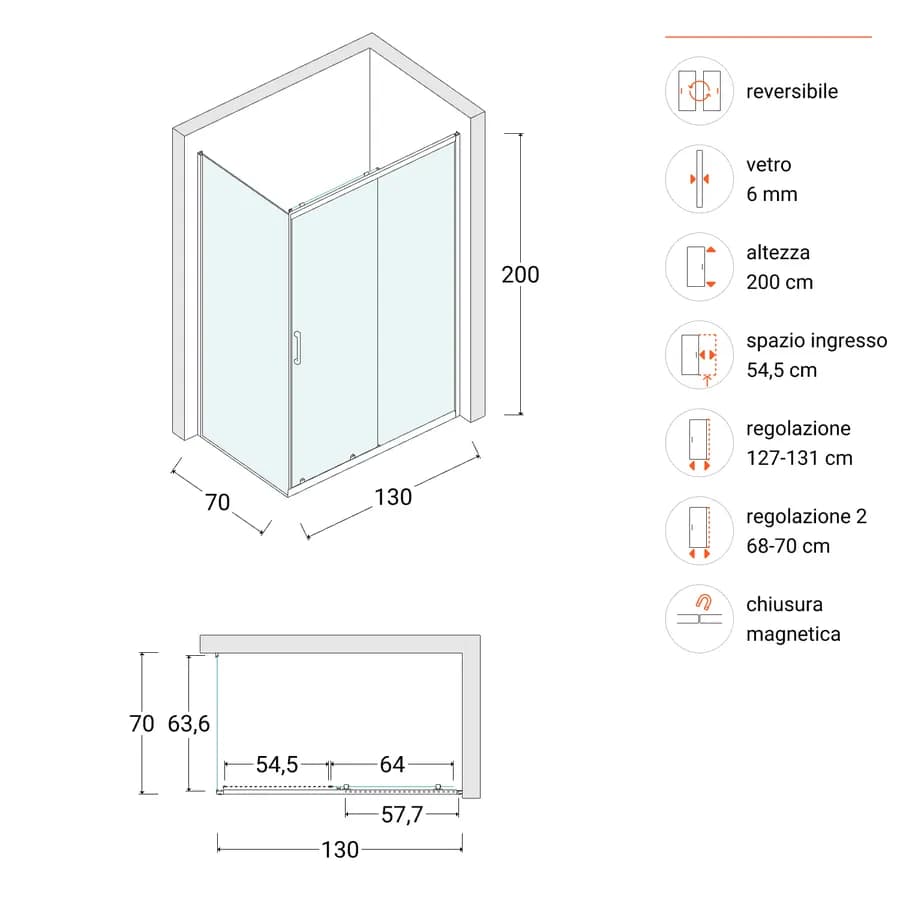 Box doccia 70x130 cm scorrevole con vetro trasparente e profilo cromo 200h - Skin