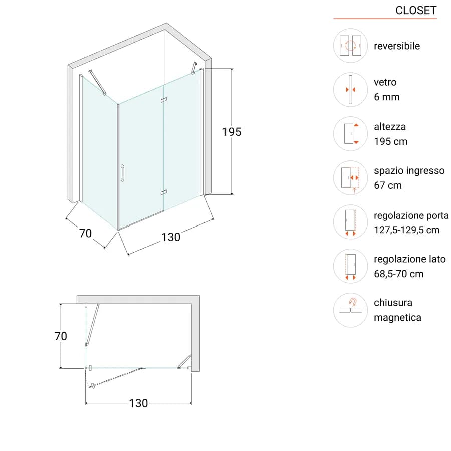 Box doccia 70x130 cm battente vetro temperato anticalcare 195h - Closet