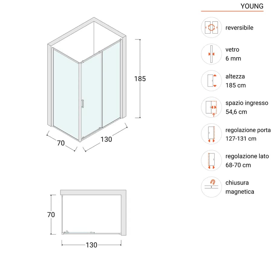 Box doccia 70x130 cm scorrevole vetro temperato 6mm trasparente 185h - Young