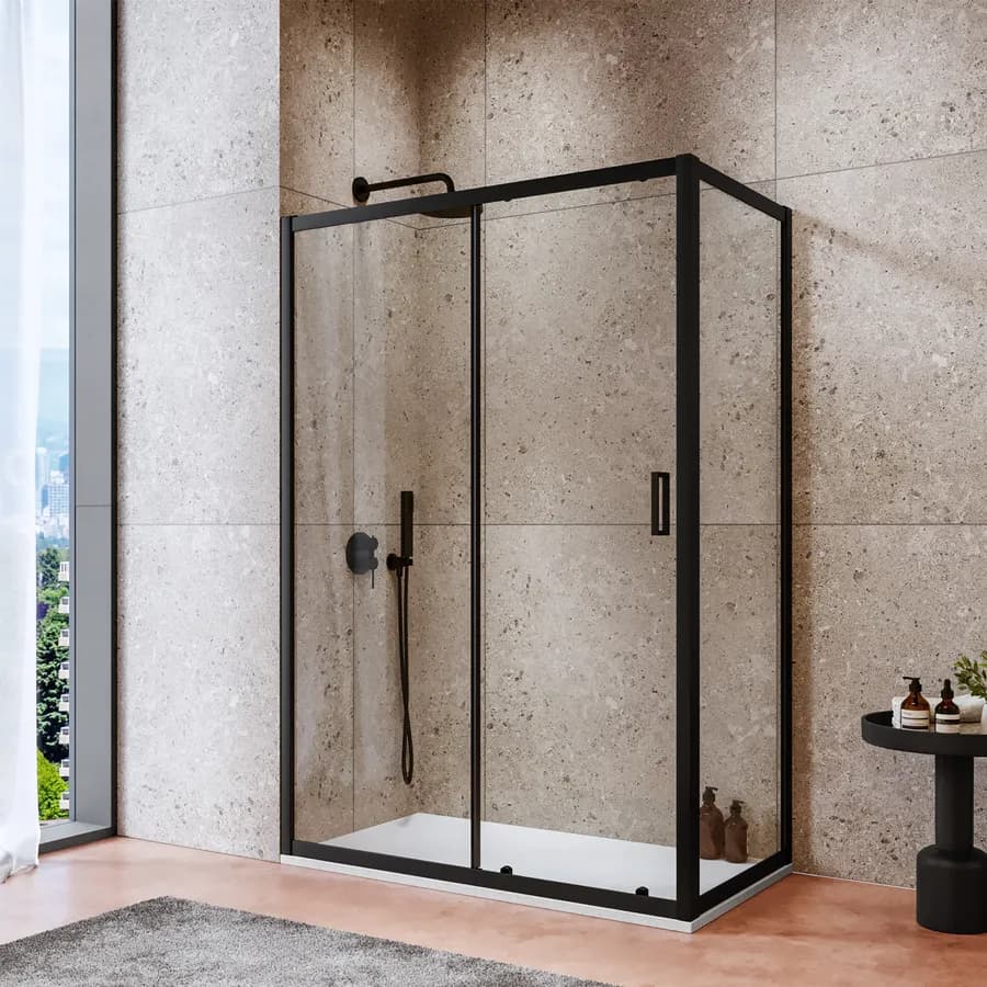 Box doccia 70x130 cm scorrevole in vetro temperato 6 mm trasparente 185h e profilo nero - Young