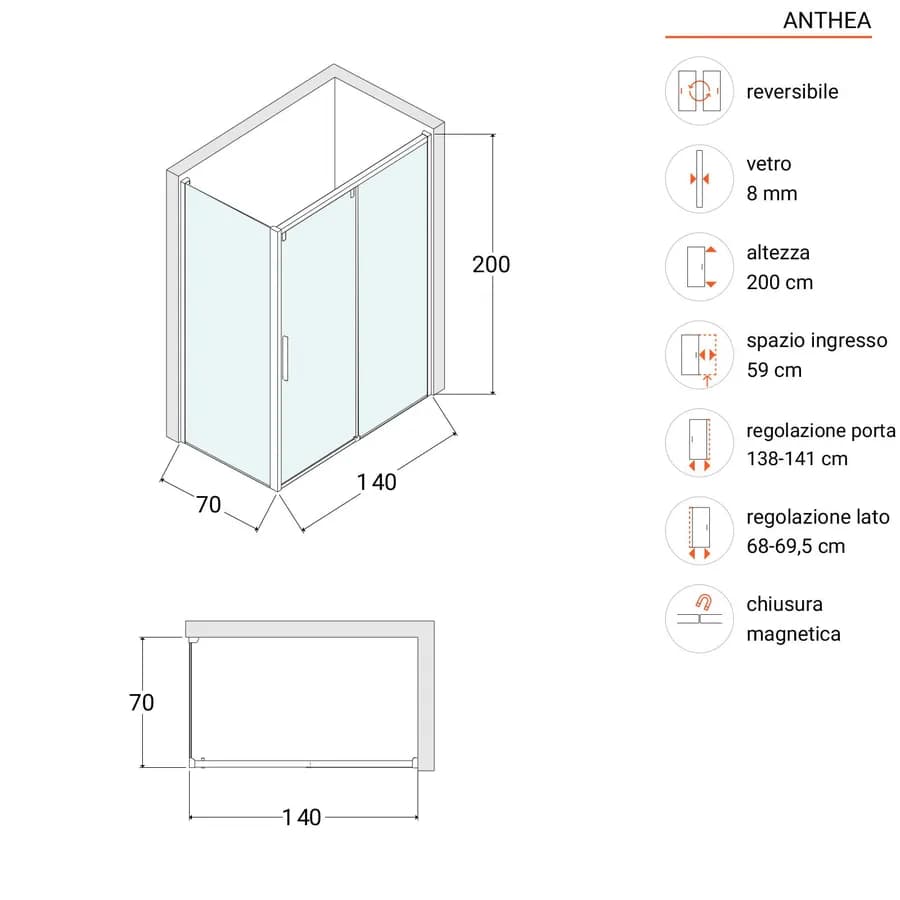 Box doccia 70x140 cm scorrevole SoftClose 8mm anticalcare 200h - Anthea
