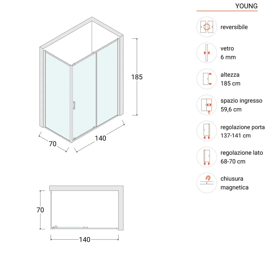 Box doccia 70x140 cm scorrevole vetro temperato 6mm trasparente 185h - Young
