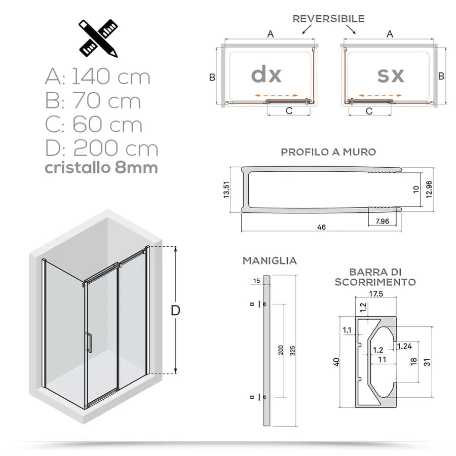 Box doccia 70x140 cm scorrevole in cristallo trasparente e profilo cromo 200h - Helios