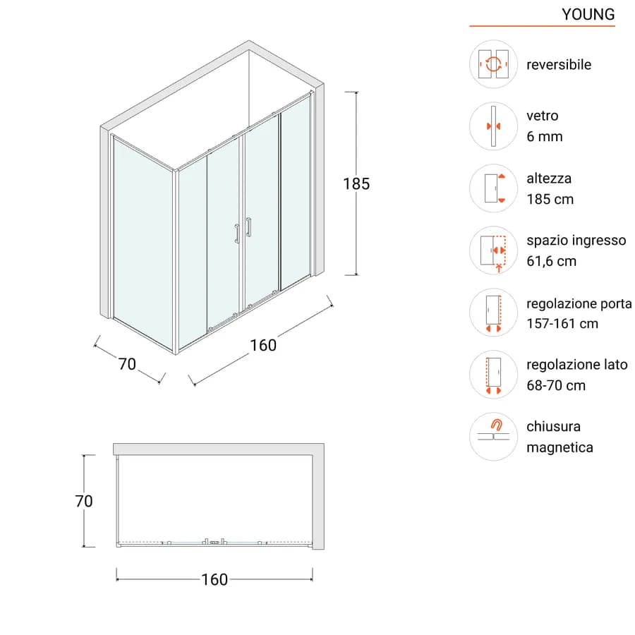 Box doccia 70x160 cm doppio scorrevole vetro temperato 6mm trasparente 185h - Young