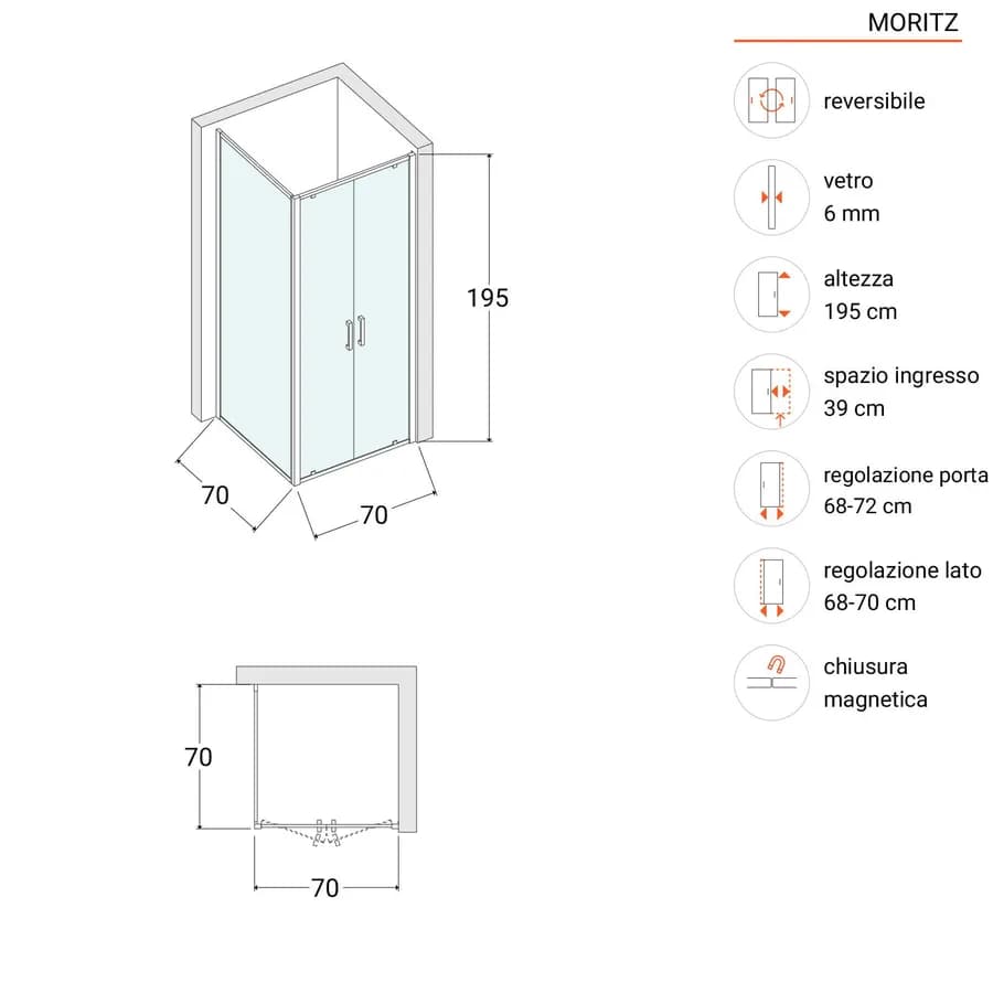 Box doccia 70x70 cm doppio battente vetro trasparente anticalcare profilo cromo 195h - Moritz