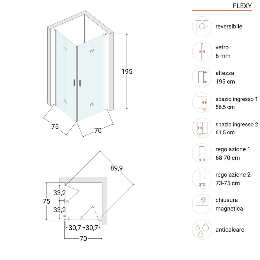 Box doccia 70x75 cm doppio soffietto vetro anticalcare fumè e profilo cromo 195h - Flexy