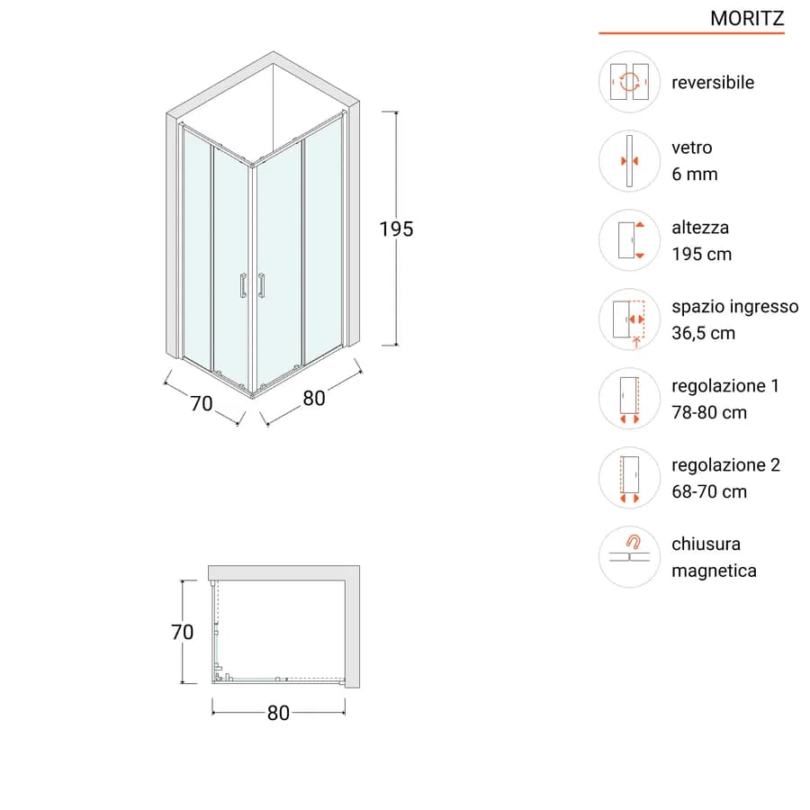 Box doccia 70x80 cm angolare scorrevole vetro opaco profilo cromo 195h - Moritz