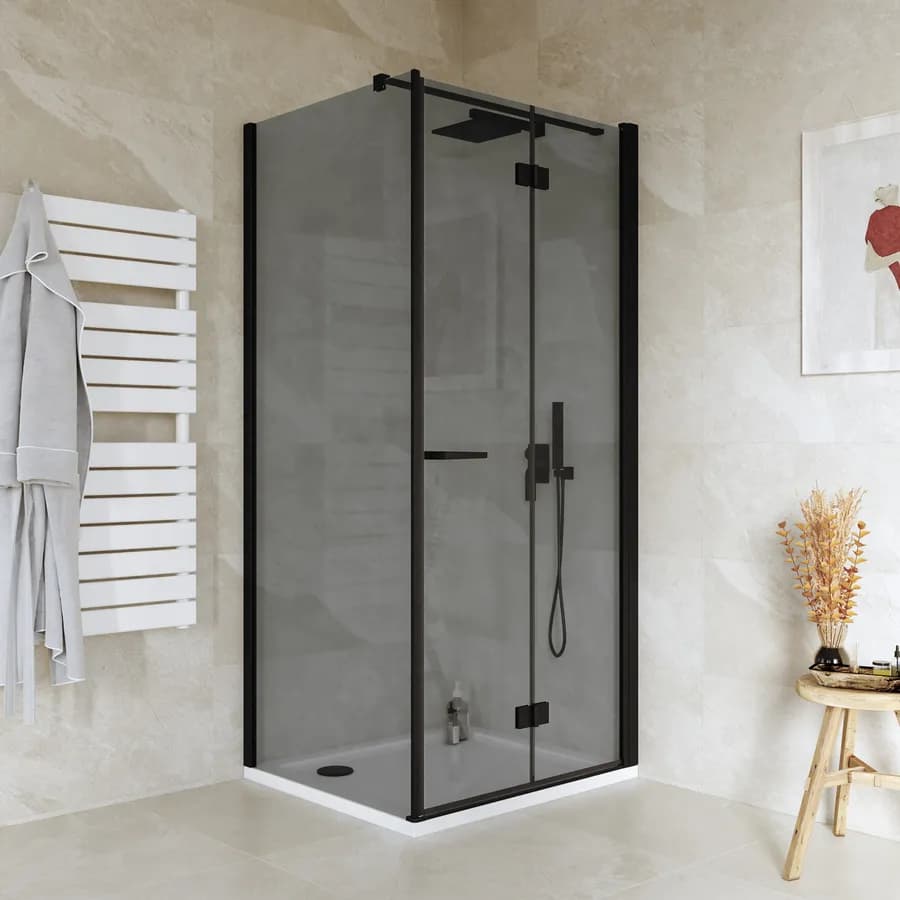 Box doccia 70x90 cm a soffietto vetro anticalcare fumé e profilo nero opaco 195h - Flexy