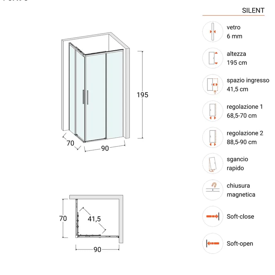 Box doccia 70x90 cm angolare scorrevole con vetro trasparente e profilo cromo 195h - Silent