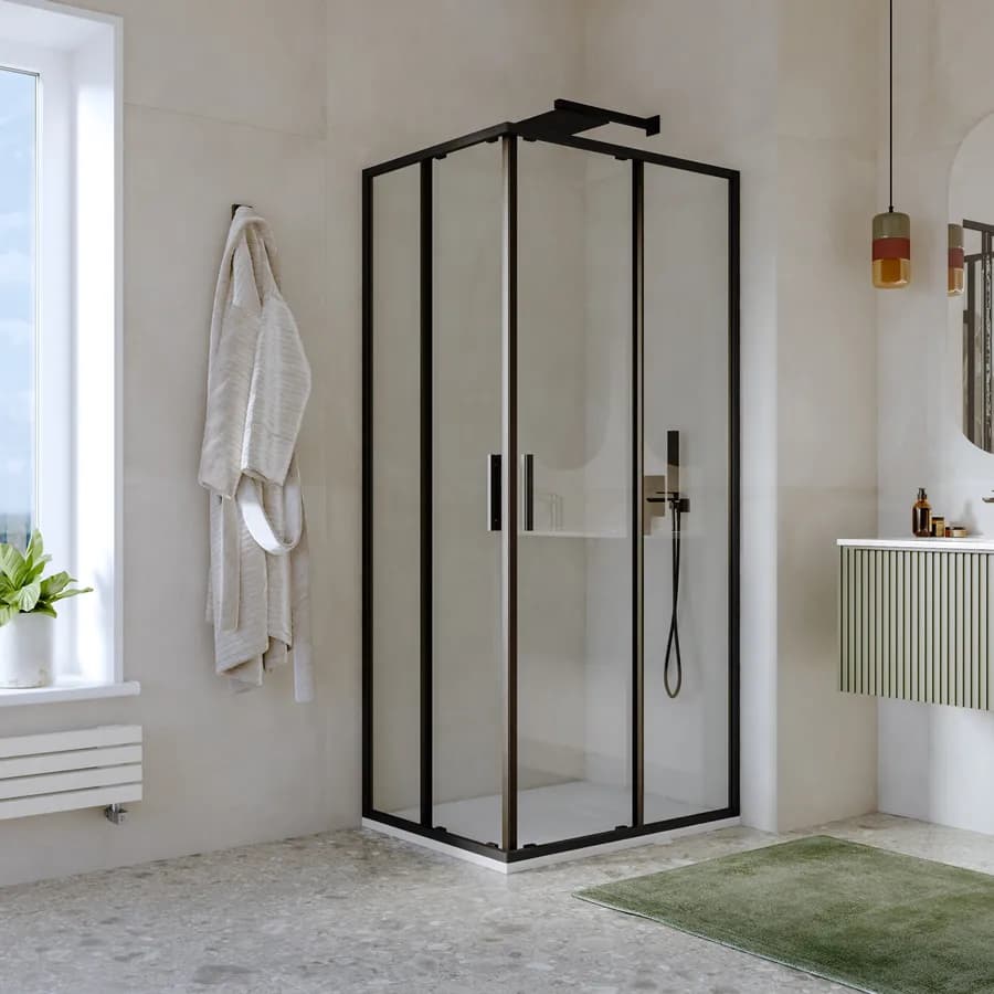 Box doccia 70x90 cm angolare scorrevole con vetro slim trasparente e profilo nero opaco 195h - Glide
