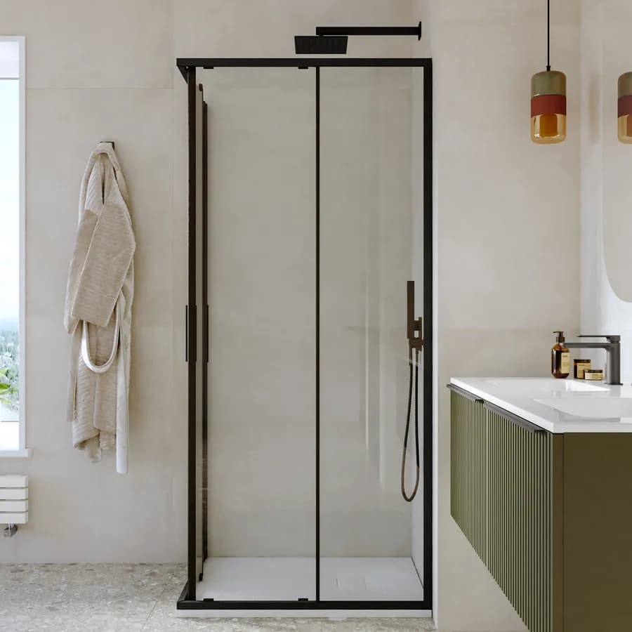 Box doccia 70x90 cm angolare scorrevole con vetro slim trasparente e profilo nero opaco 195h - Glide
