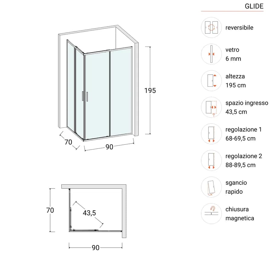 Box doccia 70x90 cm angolare scorrevole con vetro slim trasparente e profilo nero opaco 195h - Glide