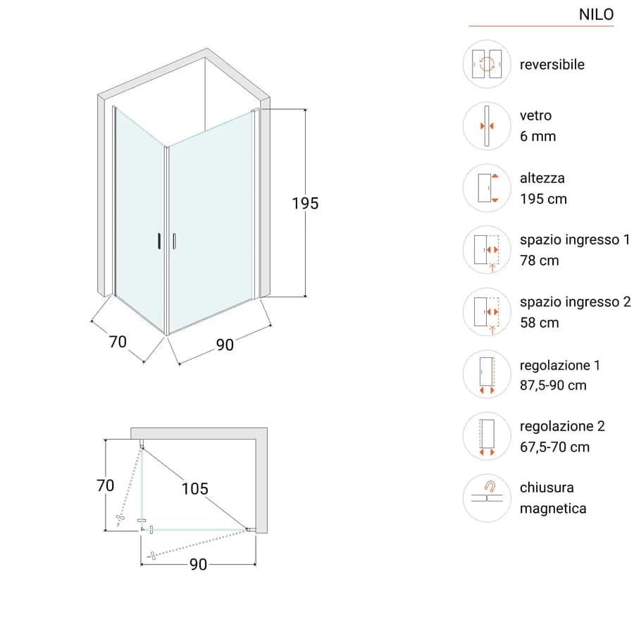 Box doccia 70x90 cm doppio battente con vetro temperato trasparente e profilo cromo 195h - Nilo